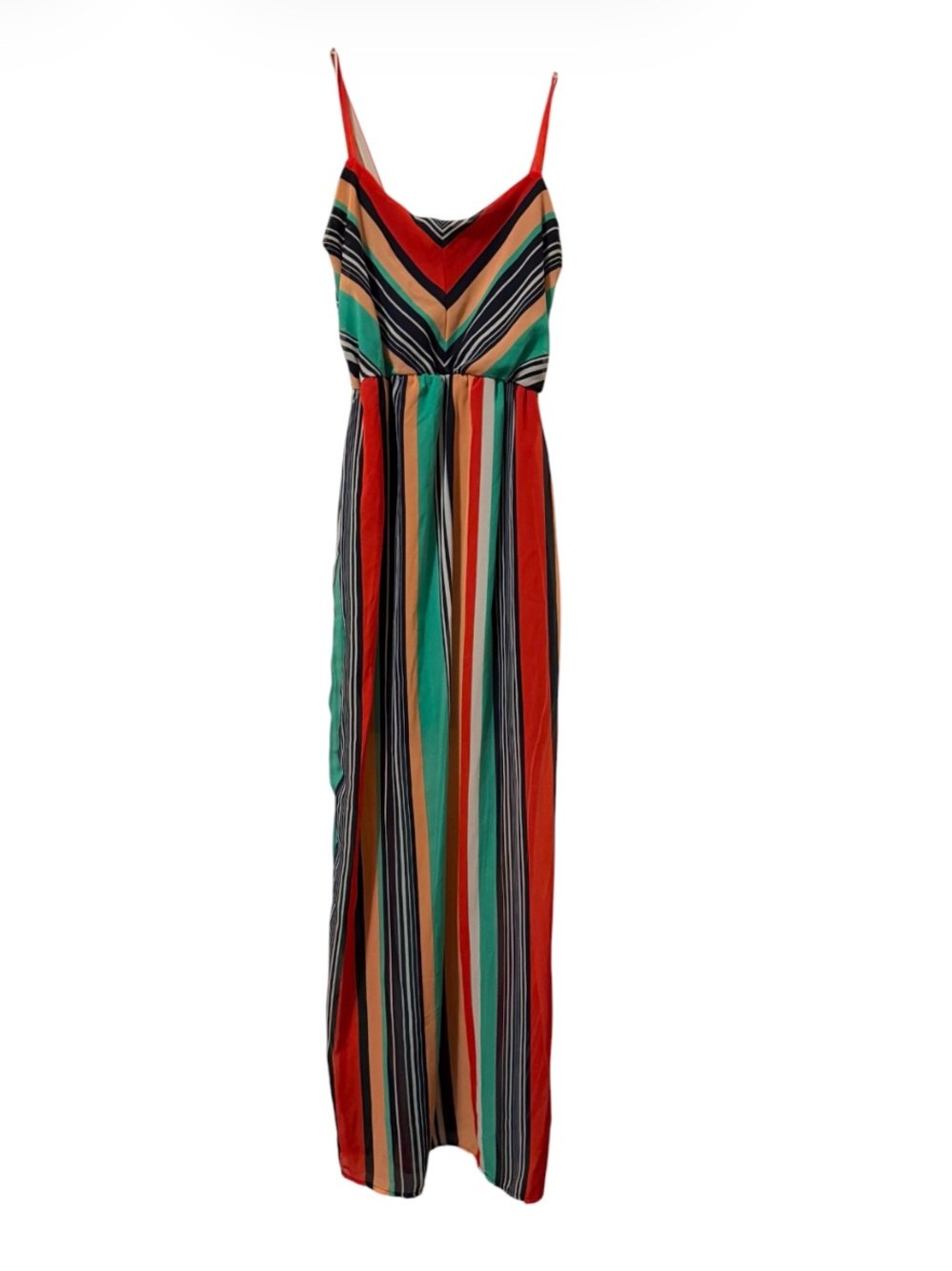 NWOT RUBY ROX Multi Color Striped Sheer Overlay Mid Lined Maxi Slip Dress ⭐️